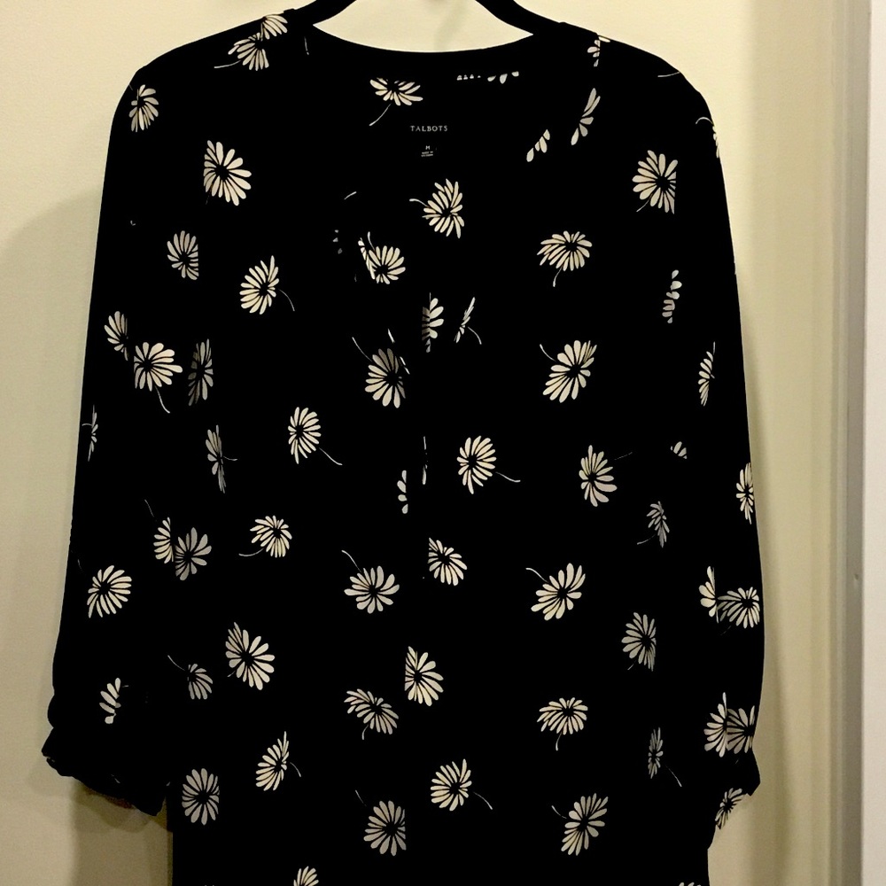 Talbots Black Blouse with White Daisy Print